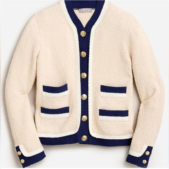 SUPER CLEAN J Crew Boucle Lady Jacket Cardigan Cream Navy Blue Size Large - Picture 1 of 9